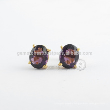 Prong Set Gemstone Stud Earring, Purple Amethyst Quartz Faceted Oval Stud Gold Plated 925 Sterling Silver Earrings Jewelry